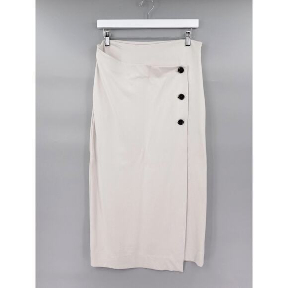 Aritzia Babaton Midi Skirt Womens 10 Cream Wrap Button Asymmetrical Soft Girl - Picture 1 of 13
